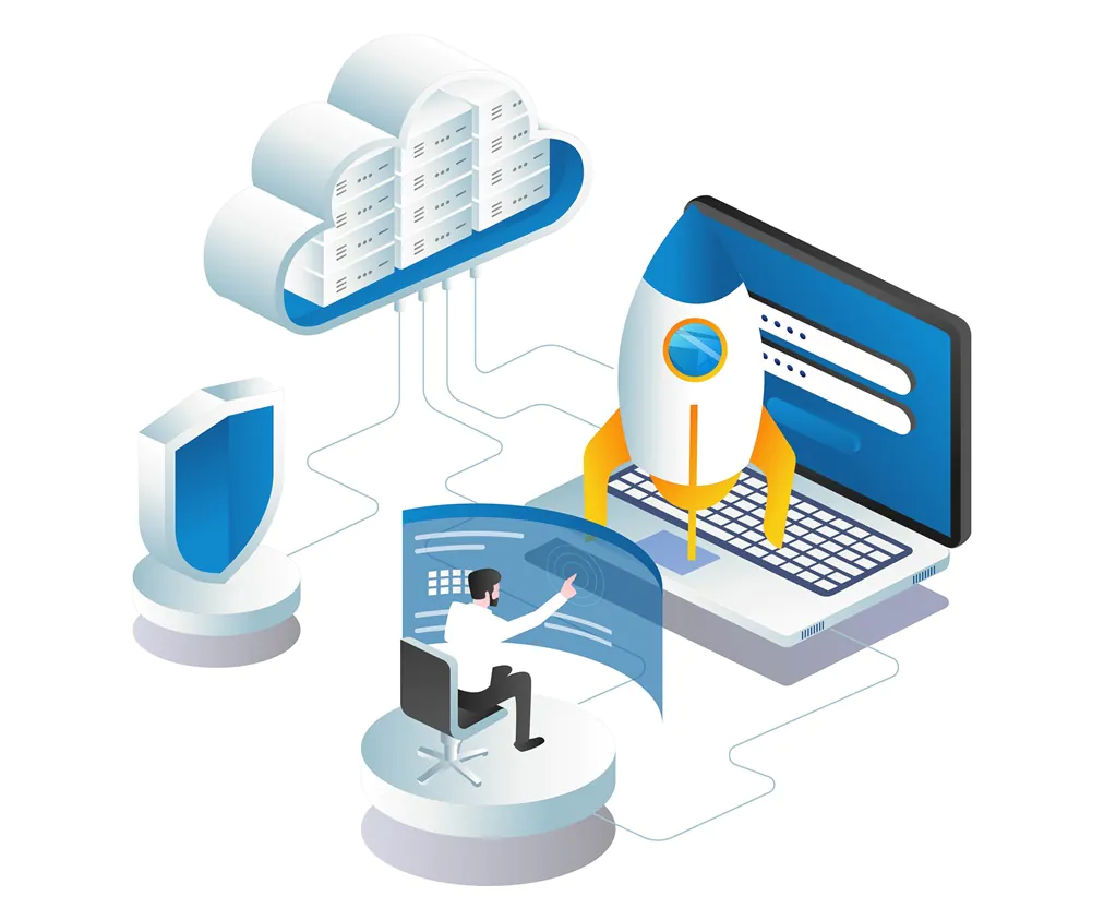 man controlling cloud server rocket